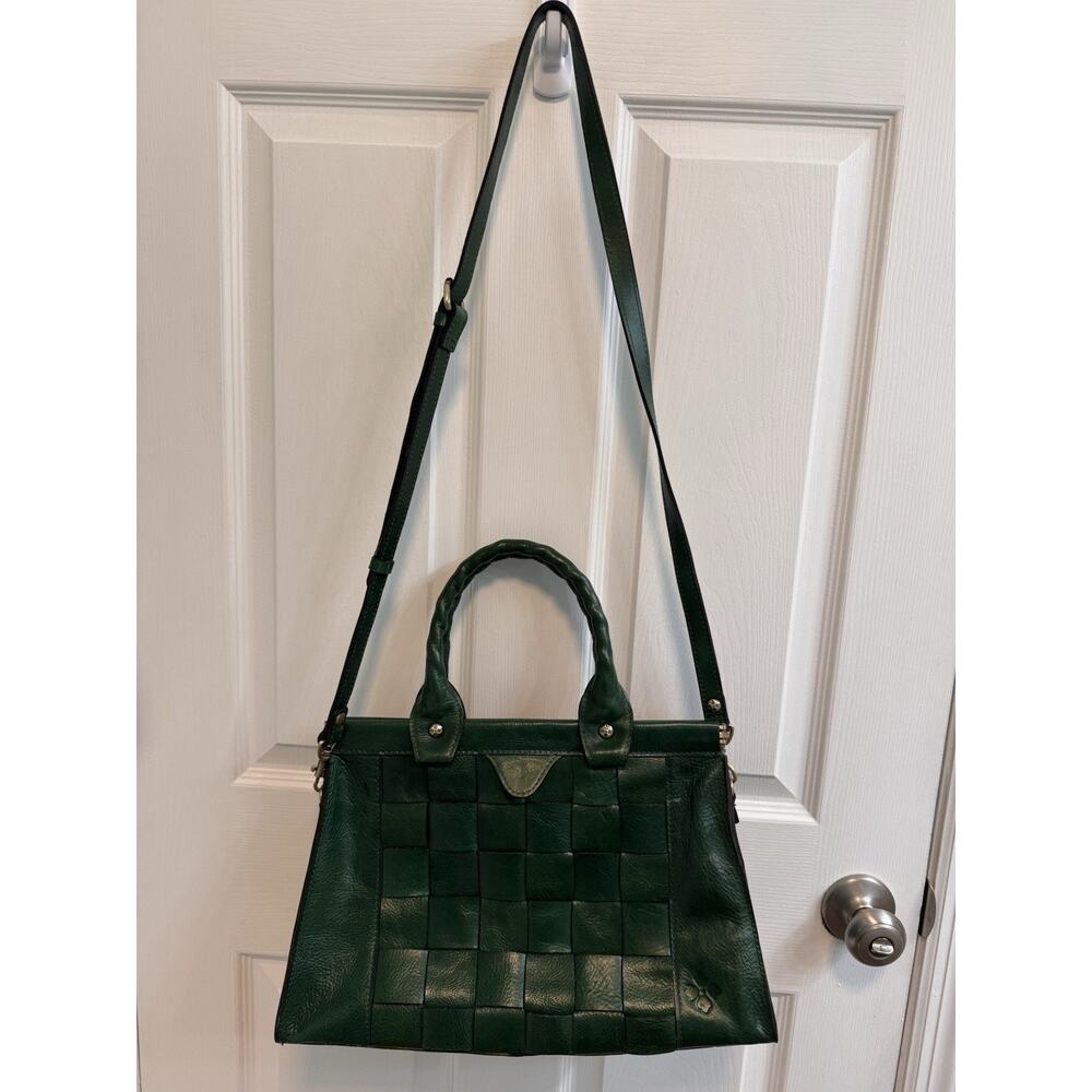 Patricia Nash Green Woven Leather Satchel Crossbody Strap Pockets Magnetic